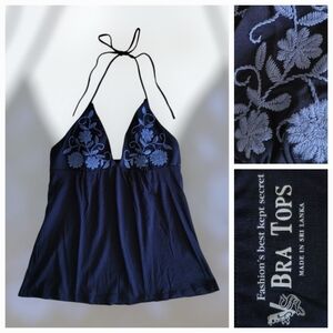 Built-in-Bra Y2K NEW Modal / Cotton Halter Top with Floral Embroidery Navy Tie
